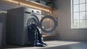 Geben Sie 4 Tropfen hinzu und legen Sie die Jacke in die Maschine. Die Daunenjacke wird wie neu sein, ohne zerknitterte Daunen und muffigen Geruch.